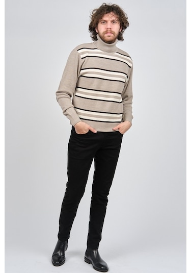 Mısırlı Erkek Tam Balıkçı Çizgili Yün Kazak 3869077 Bej Bej