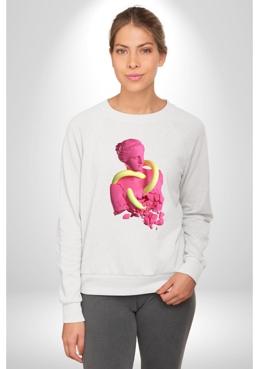 Pop Art Yaratıcı Heykel Pembe Unisex Beyaz Sweatshirt Beyaz