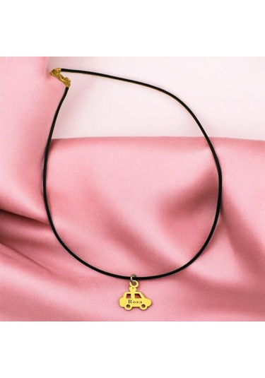 Rosa İsmine Özel 14 Ayar Altın Plakalı Siyah Bağlıklı Araba Figürlü Hediyelik Kolye-630isim Rosa