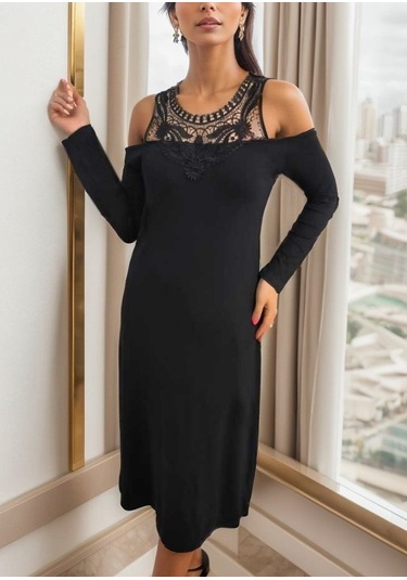 Nnstartshopping Kadın Uzun Kollu Yaka Önü Güpürlü Madonna Yaka Viskon Midi Boy Elbise Siyah