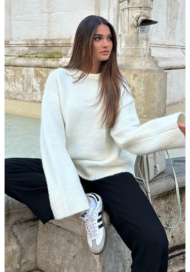 Beyaz Bisiklet Yaka Oversize Triko Kazak Mg1972 Beyaz