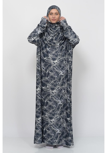 Pratik Tek Parça Ağaç Desenli Kollu Tak Çıkar Başörtülü Likralı Tesettür Namaz Elbisesi 990-0705 Siyah Antrasit