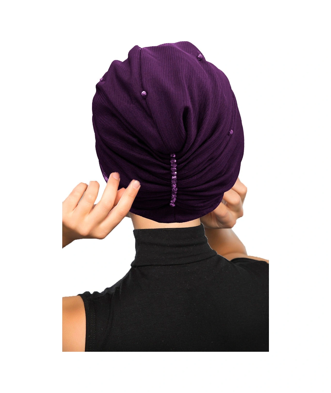 Kristal Tüllü Astarlı Mor Hazır Türban Tesettür Abiye Bone Mor