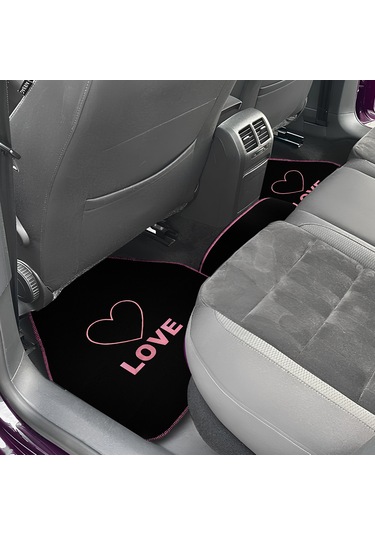Kalp Ve Aşk Desenli Pembe Nakışlı 5'li Oto Halı Paspas Seti Love Yazı Detaylı Araba Paspas Takımı