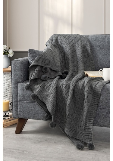 Ponponlu Triko Örme Tv Battaniyesi Koltuk & Omuz Şalı & Diz Battaniyesi 130x170cm - Koyu Gri Koyu Gri