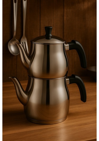 Yunusoğlu Home Klasik Çaydanlık Takımı 0,8l Demlik 1,25l Alt Demlik Paslanmaz Çelik Soğuk Tutma Saplı Gri