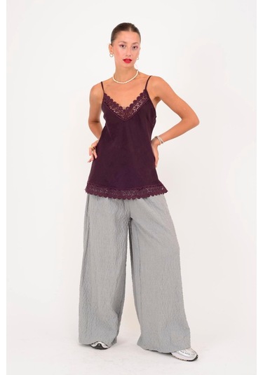 Dantel Detaylı Askılı Keten Bluz-10386 Mürdüm