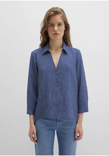 Mavi Çizgili Düğme Detaylı Lacivert Kadın Bluz M122400-80736 Lacivert