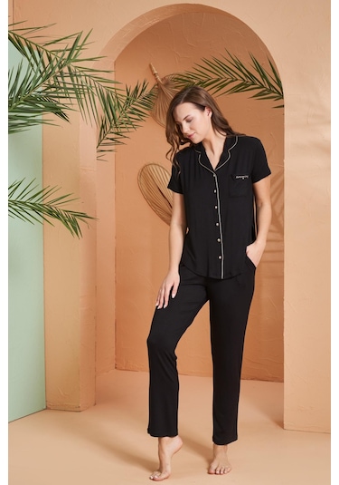 Pjs 27069 Dreaming Kadın Gold Detaylı Boydan Düğmeli Kısa Kollu Pijama Takım Siyah