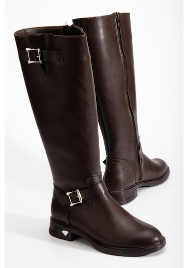 Kahverengi Kadın Çizme Düz Topuklu Bilek Kemerli-4285 Kahverengi