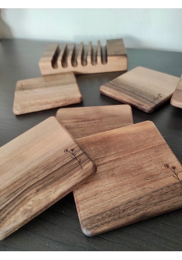 Gerçek Ceviz Ağacından El Yapımı Bardak Altlığı 4lü- Hand Made Walnut Coaster Ceviz 6'lı