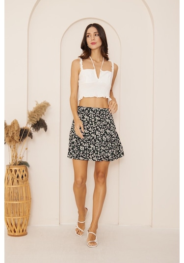 Darlin Moda Siyah Çiçek Desenli Mini Şort Etek Dm2024 Siyah