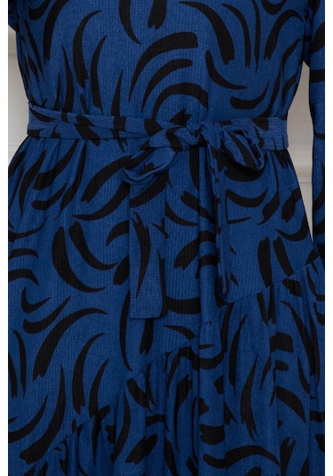 Beli Kuşaklı Çapraz Fırfırlı Lale Elbise-saks Mavi-4464 Saks Mavi