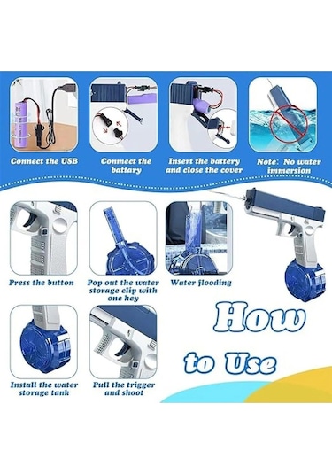 Elektrikli Otomatik Atış Yapan Su Tabancası 10 Metre Menzilli 500 Ml. Depolu 20 Cm. - Mavi Mavi