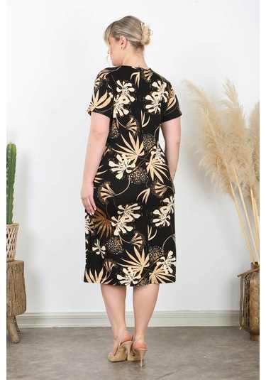 Kadın Siyah Vizon Floral Desen Midi Elbise Siyah