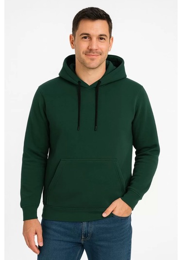 Erkek Üç İplik Kapüşonlu Kanguru Cepli Sweatshirt Hoodie - Haki Haki