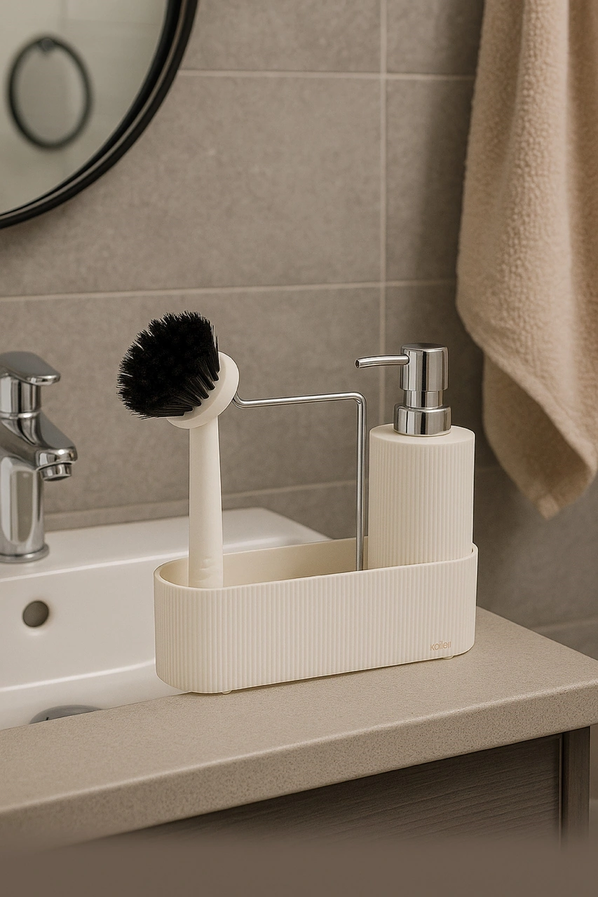 Mutfak Tezgahı Düzenleyici Set Sıvı Sabunluk Ve Bulaşık Fırçası Aparatlı Dc-6776 Beyaz