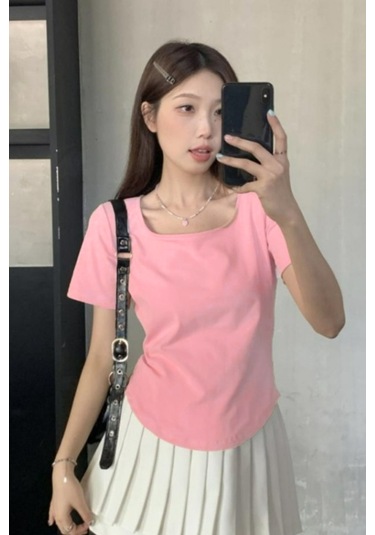 Pembe Basic Y2k Kısa Kollu Crop-17750 Pembe
