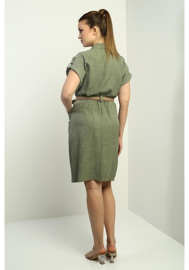 Kadın Torba Cepli Beli Kemerli Elbise-40529 Haki