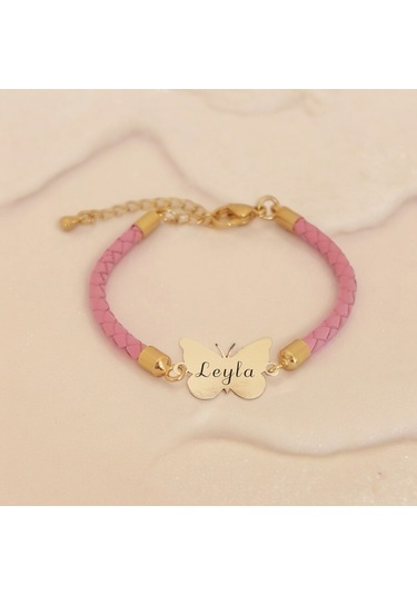 Archin Leyla İsmine Özel Doğal Pembe Derili Kelebek Motifli 14 Ayar Altın Plakalı Hediye Bileklik-429isim Leyla