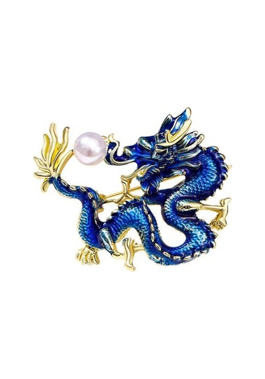 Mavi Çin Tarzı Zodyak Ejderha Broş Sahte İnci Dekor Bahar Şenliği Pin Karikatür Hayvan Şekli Takım Elbise Yaka Şapka Çanta Rozeti
