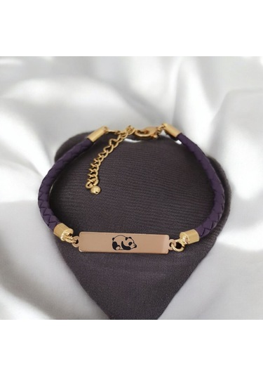Archin Panda Temalı Dikdörtgen Motifli Mor Derili 14 Ayar Altın Plakalı Hediye Bileklik-412sembol Panda Sembolü