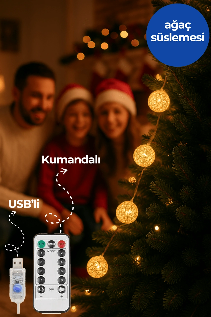 Technojet Dekoratif Rattan Top Led Işık, 20 Led, Usb + Kumanda, 8 Mod, 4mt