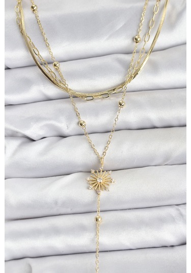 Pirinç Gold Renk Zirkon Taşlı Model Detaylı 3'lü Kombin Y Kadın Kolye - Tj-bko10700 Gümüş