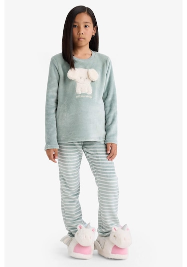 Defacto Kız Çocuk Pijama Takımı Polar Uzun Kollu Üst Uzun Alt D1087a825wngn1123 Yeşil