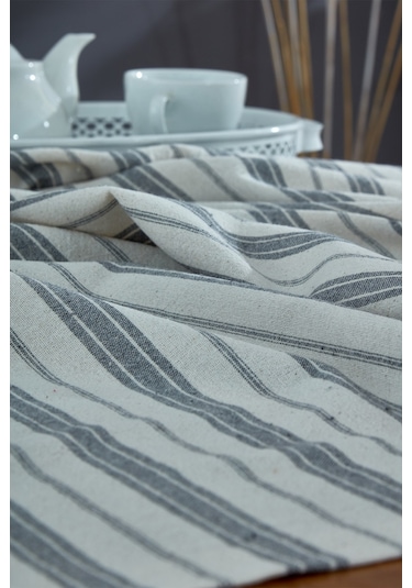 Vivamaison Yıkanmış Pamuk Antrasit Çizgili Masa Örtüsü