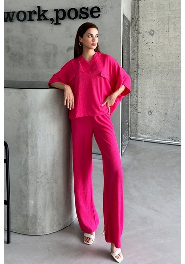 Kadın Fuşya Yarasa Kol Sahte Cep Bürümcük Alt Üst Palazzo Takım Fuşya