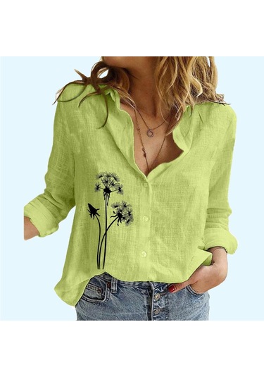 Kadın Moda Çiçek Desenli Keten Üst İlkbahar Yaz&sonbahar Günlük Uzun Kollu Düğmeli Gömlek Bayan Dik Yaka İnce Bluz Yeşil