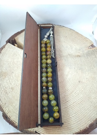 Yeşil Damarlı Akik Taşı Tespih Ahşap Kutulu / 10 MM Doğaltaş Tesp