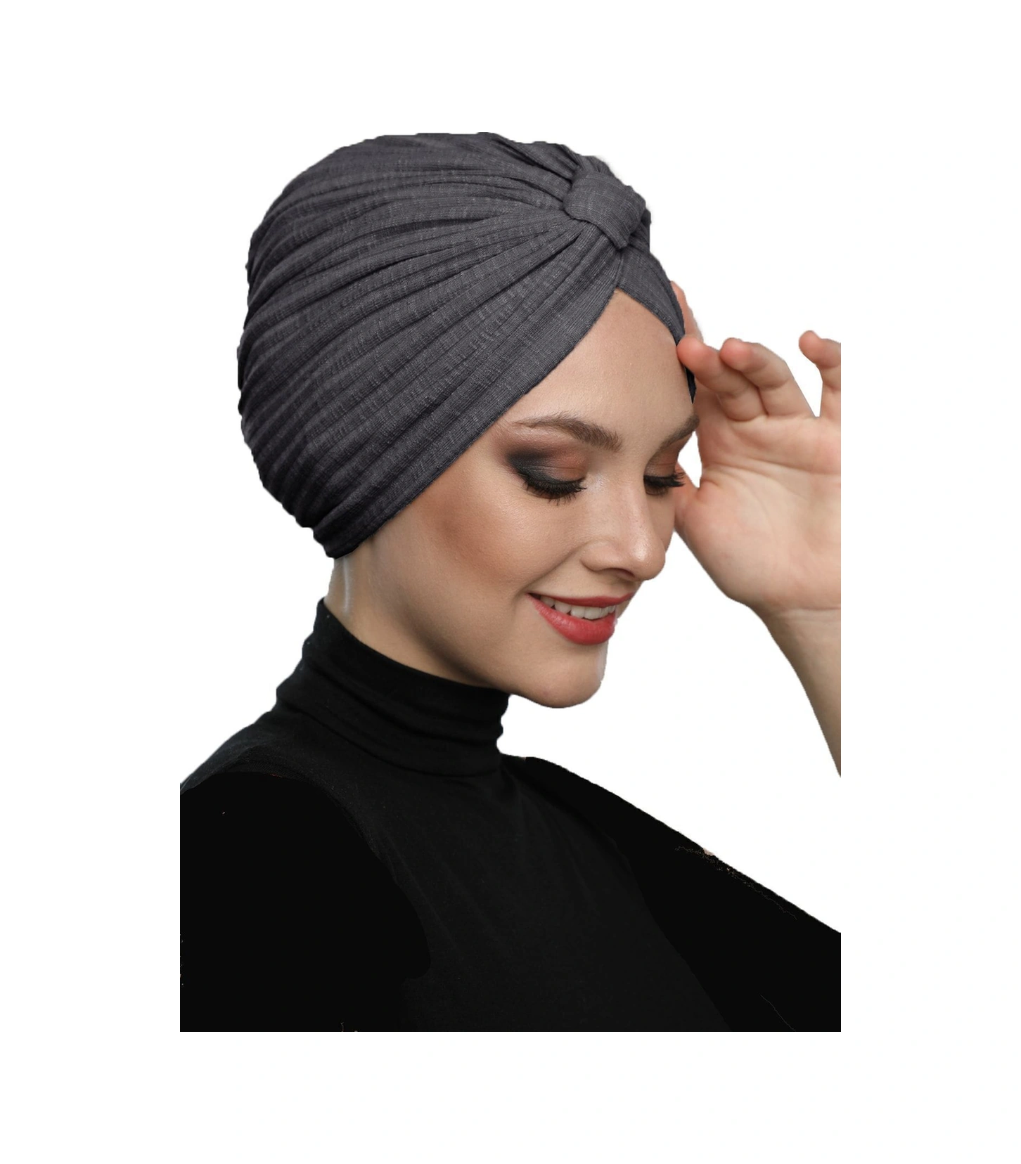Pamuklu Bantlı Astarlı Antrasit Hazır Türban Tesettür Havuz Bonesi Antrasit