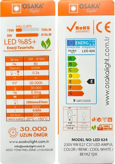 10 Adet Osaka 9w 70w Beyaz Işık E27 Duylu Kalın Duy Led Ampul