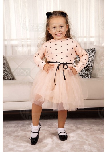 Puantiyeli Kız Çocuk Uzun Kollu Doğum Günü Ve Özel Günler İçin Tüllü Elbise SOMON