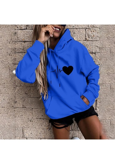 Mavi Fo Kadın Moda Rahat Eğlenceli Baskı Kapşonlu Kazak Gevşek Spor Üstleri Kazak Mavi