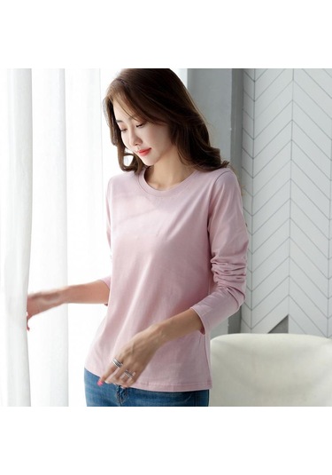 Pembe İlkbahar Ve Sonbahar Kadın Bluz Pamuk Gevşek Düz Renk Yuvarlak Yaka Uzun Kollu Üst Pembe