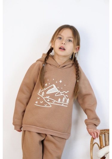 3 İp Baskılı Kapüşonlu Şardonlu İkili Takım Kahverengi