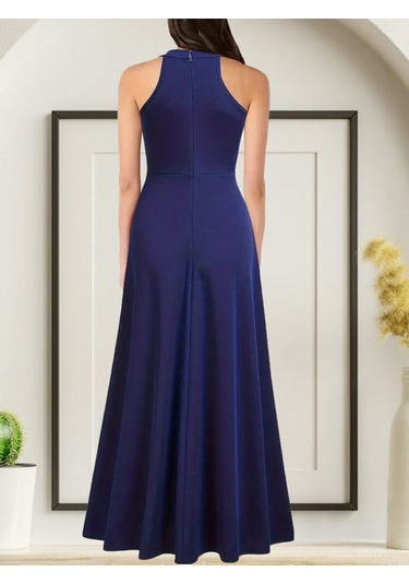 Ahes Shopping Kadın Halter Yaka Derin Yırtmaç Detaylı Tam Boy Janjan Krep Abiye Elbise Mavi