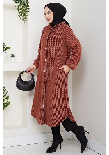 Çizgi Detay Kapüşonlu Kaşe Kap 1634 - Kiremit Kiremit