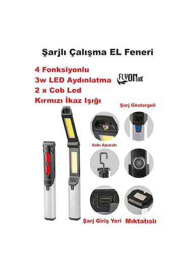 Flylook Şarjlı Çalışma El Feneri Fonksiyonlu 180 Derece Dönebilen Cob Led Mıknatıslı Kamp,oto Tamir Lamba Beyaz - Siyah