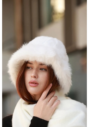 Kadın Peluş Bucket Kalpak Şapka 1143 Rkş-14 Ekru Ekru