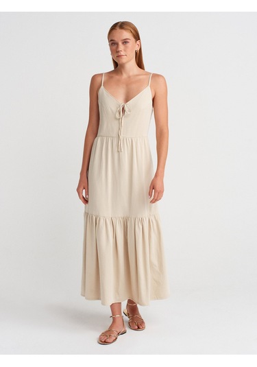 Dilvin 90575 Uzun Dekolte Denim Elbise-taş Taş