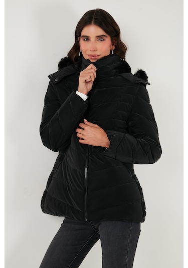 Lela Kapitoneli Slim Fit Çıkarılabilir Kapüşonlu Bayan Mont 497Mara Siyah