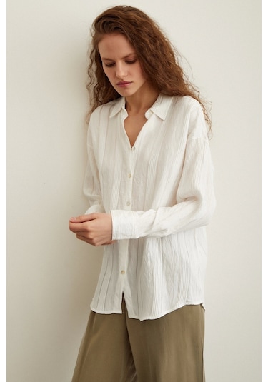 Never More Dokulu Çizgili Gömlek Beyaz