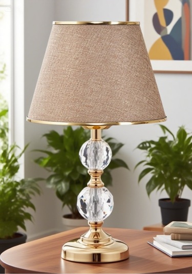 T Serisi Masa Abajuru Metal Ve Cam Gövde Kumaş Başlık Kahverengi