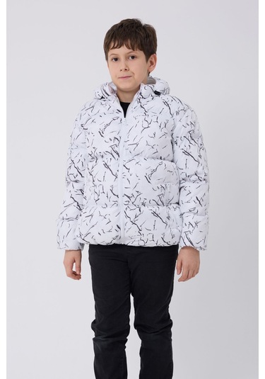 Erkek Çocuk Beyaz Çıkabilir Kapüşonlu Su Ve Rüzgar Geçirmez Cepli Kışlık Şişme Mont & Kaban & Parka Beyaz