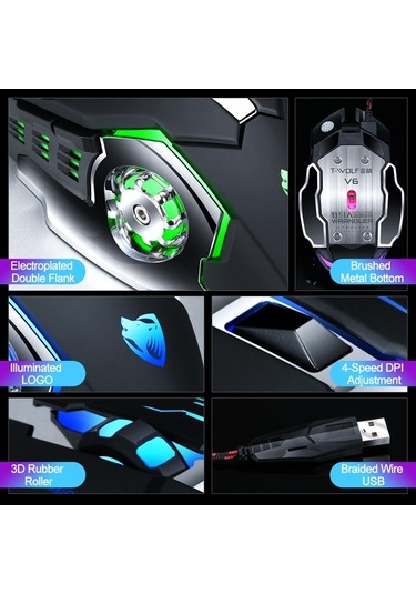 Prestigegoods T-wolf V6 Usb Kablolu 6 Düğmeli Aydınlatmalı Ergonomik Mouse V6