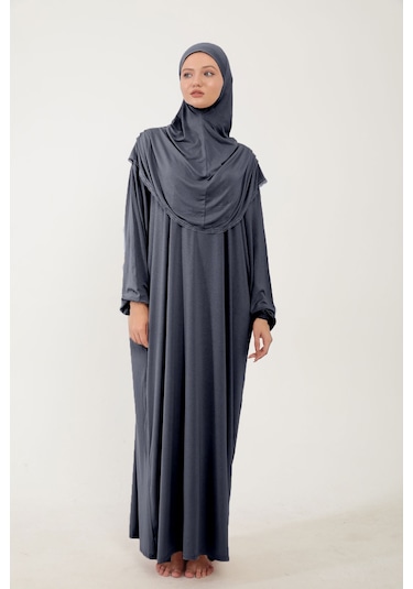 Kadın Tesettür Pamuklu Başörtülü Namaz Elbisesi Dantelli Tek Parça Penye Kumaş Füme